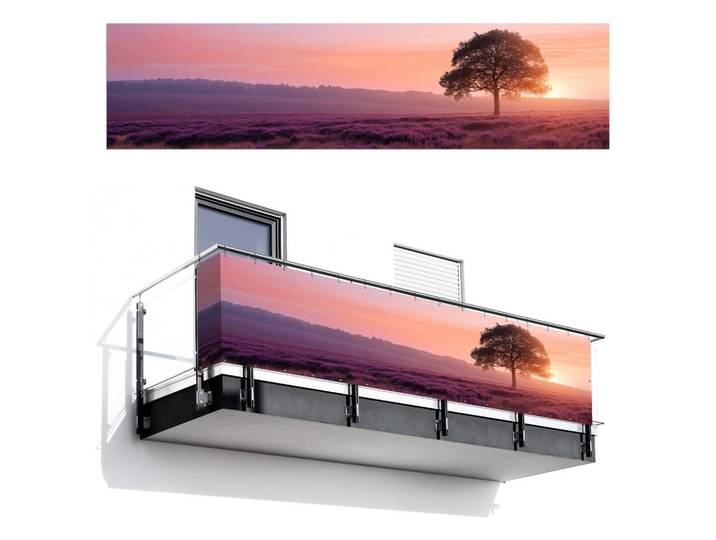 MuchoWow Balkon-Sichtschutz Baum - Heidekraut - Sonnenaufgang, Flieder, Kunststoff, Rechteckig, 500x120 cm, Sonnenschutz, Sichtschutz