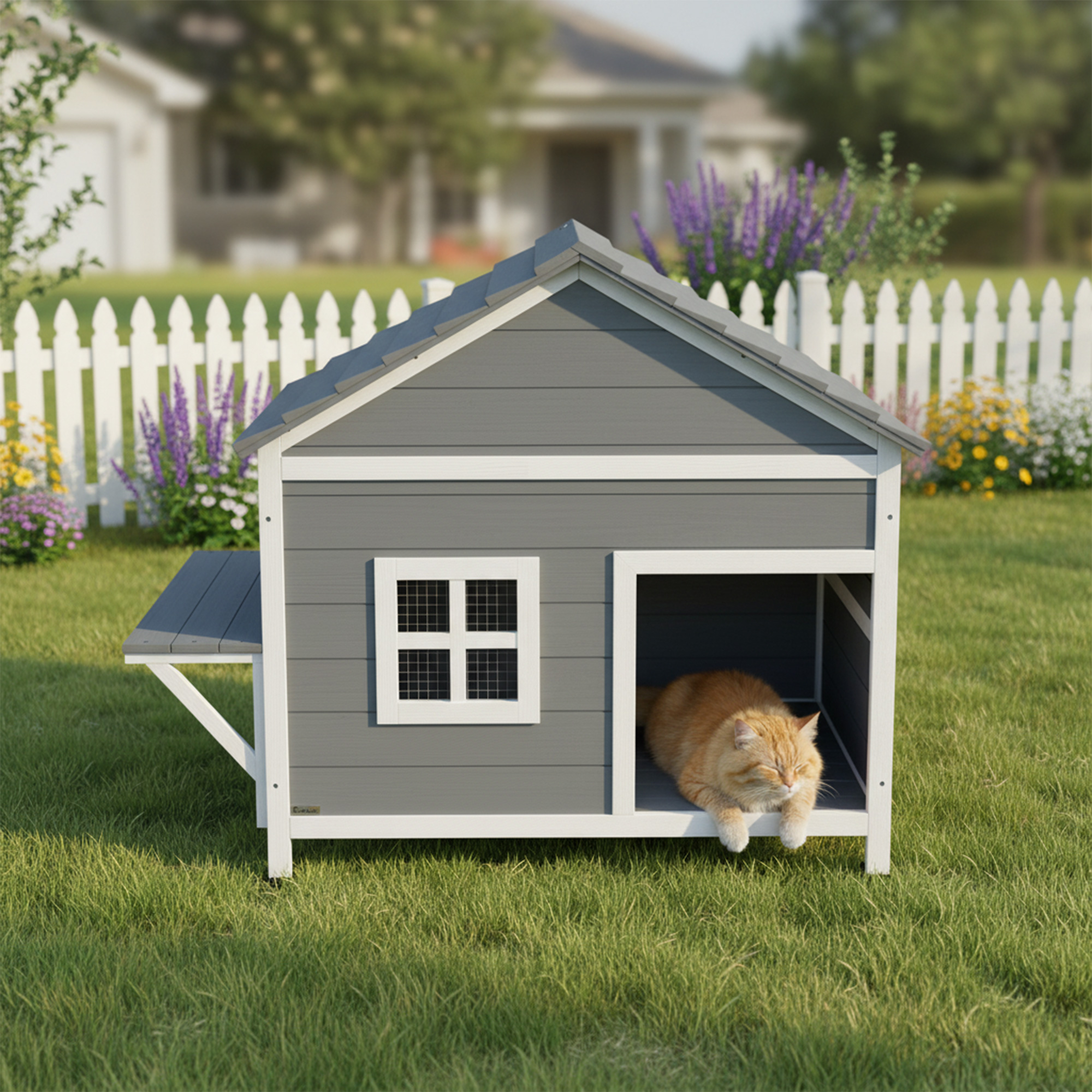 Pawhut Casa per gatti in legno 2 piani Tana per gatti con tetto impermeabile apribile, piattaforma laterale, 101x72,5x81cm, Grigio   Aosom Italy