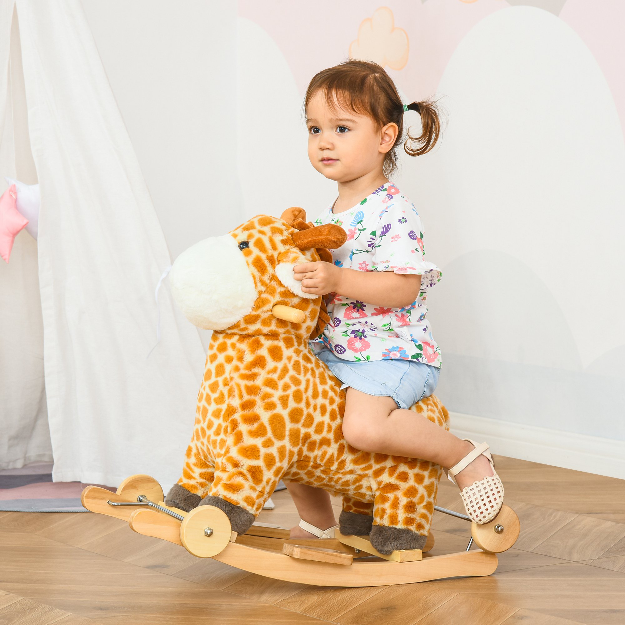 Homcom Cavallo a Dondolo con Ruote e Suoni, Gioco Cavalcabile a Forma di Giraffa per Bambini 36-72 Mesi in Peluche e Legno, Giallo, 63x38x63cm Aosom