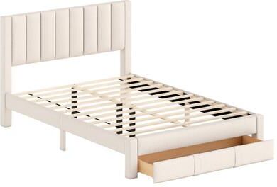 Costway Queen Size Bed Frame with Storage Drawer and Vertical Channel Headboard-Beige