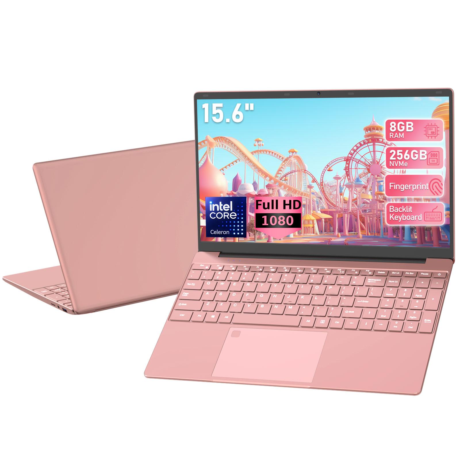 Molegar Laptop 15,6 Zoll, Intel 5205U, 8 GB DDR4, 256 GB PCIe SSD, FHD, Fingerabdrucksensor, beleuchtete Tastatur, Rosa