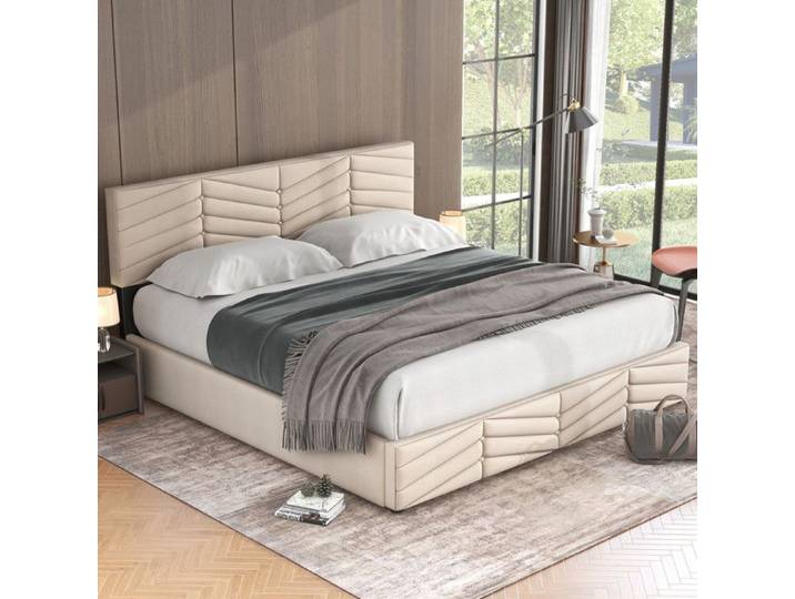 Lit coffre - PDZZZD - 160 x 200 - Rembourré - Tête de lit réglable - Beige