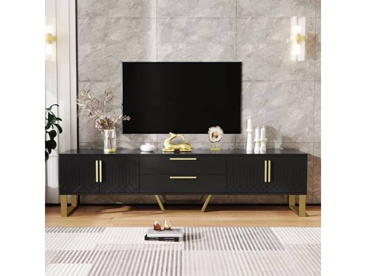 BTM Hochglänzender TV-Schrank: Boden, goldene Griffe und Füße, Tür mit gravierter Textur, Aufbewahrungslösung für das Wohnzimmer, perfekte Kombination aus Eleganz, Luxus und Funktionalität