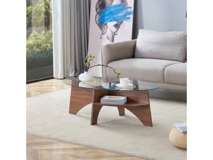 LOBO OFFICE Ovaler Couchtisch aus Sicherheitsglas mit Holzgestell Markantes gegabeltes gebogenes Holzgestell in heller Holzoptik, weiche Linien mildern strenge Raumwirkung