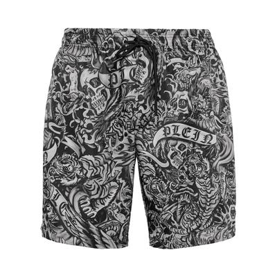 Badehose PHILIPP PLEIN "Tattoo", Herren, Gr. 4XL, US-Größen, schwarz-weiß (02, schwarz), Obermaterial: 100% Polyester, Badehosen Badehose