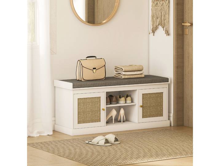 HOMCOM Banc à Chaussures Rotin 105x35x47cm Blanc Ajustable