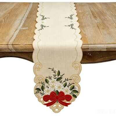 Saro Poinsettia Embroidered Table Runner - Floral Applique Design, Scalloped Scroll Edge & Decorative Bow Accent for Christmas Dining
