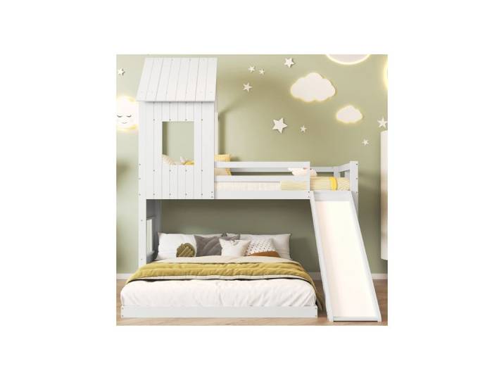 Lit superposé - MUVOE - 140x200cm et 90x200cm - avec toboggan - en pin blanc - sécurisé et amusant