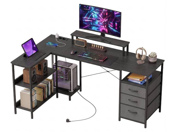 HOMCOM Schreibtisch L Form mit Steckdosen, Umkehrbar Computertisch mit Regal