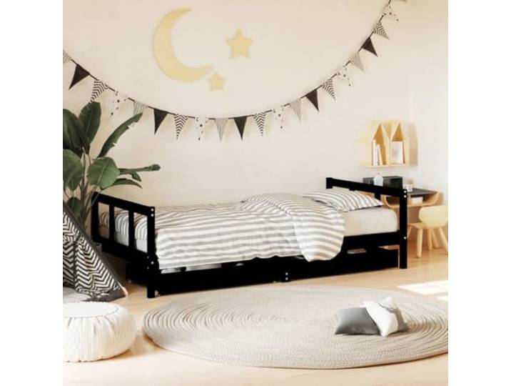 KGTKGTYER Kinderbett 90x190 cm Massivholz Kiefer mit Schubladen Schwarz Rustikale Optik, Stabile Lattenrost-Konstruktion, Platzsparender Stauraum