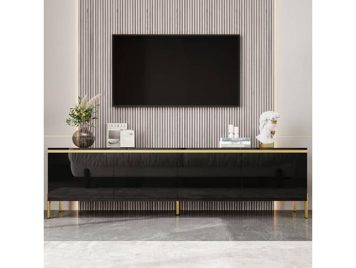 Merax Moderner TV-Ständer Hochglänzender TV-Schrank Wohnzimmer TV-Möbel mit Stauraum, Kabeldurchführung,AV-Geräte, 170 L x 38 B x 50H(cm),Schwarz