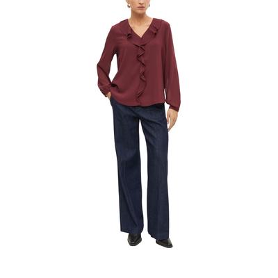 Langarmbluse S.OLIVER BLACK LABEL, Damen, Gr. 34, rot (maroon rot), Web, Obermaterial: 100% Polyester, unifarben, bequem hüftbedeckend, V-Ausschnitt, elastischer Bund, Blusen, mit Volant-Verzierung am V-Ausschnitt