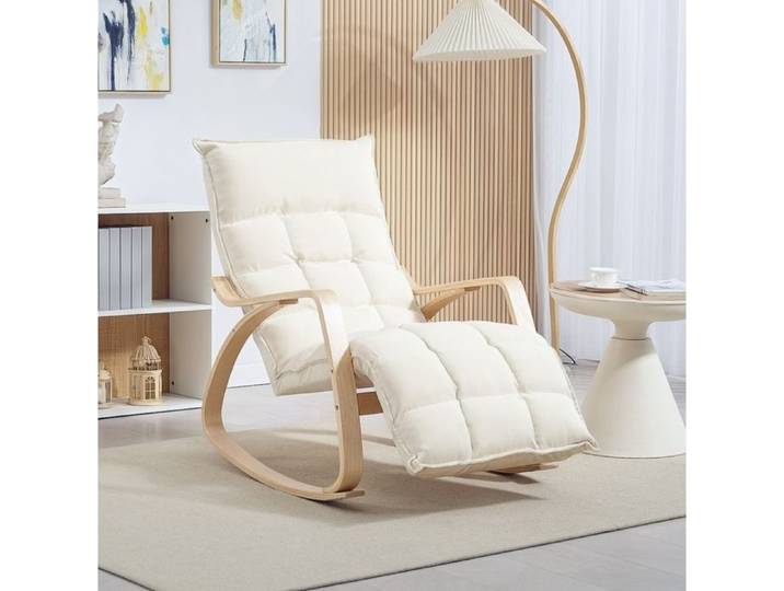 Fauteuil à bascule – Rocking chair – Polyester – Blanc crème – Repose-pieds 5 positions