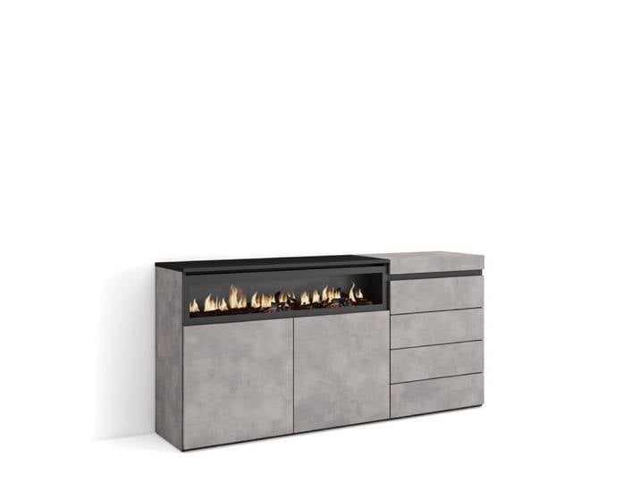 Buffet effet bois ciment 157x35x75cm cheminée effet feu