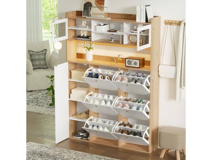 WUVRIE Meuble à chaussures LED en verre 6 abattants blanc aspect bois gain de place entrée