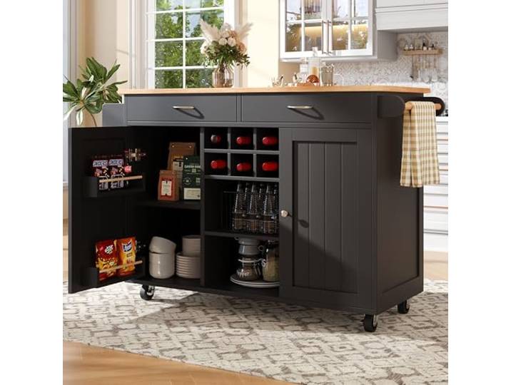Mielvu Moderne Kücheninsel(102×45×92cm), Küchenschrank, buffetschrank, Speisewagen mit Holzmaserung, buffetschrank, Multifunktionale Esstisch mit Speicherraum, Schwarz