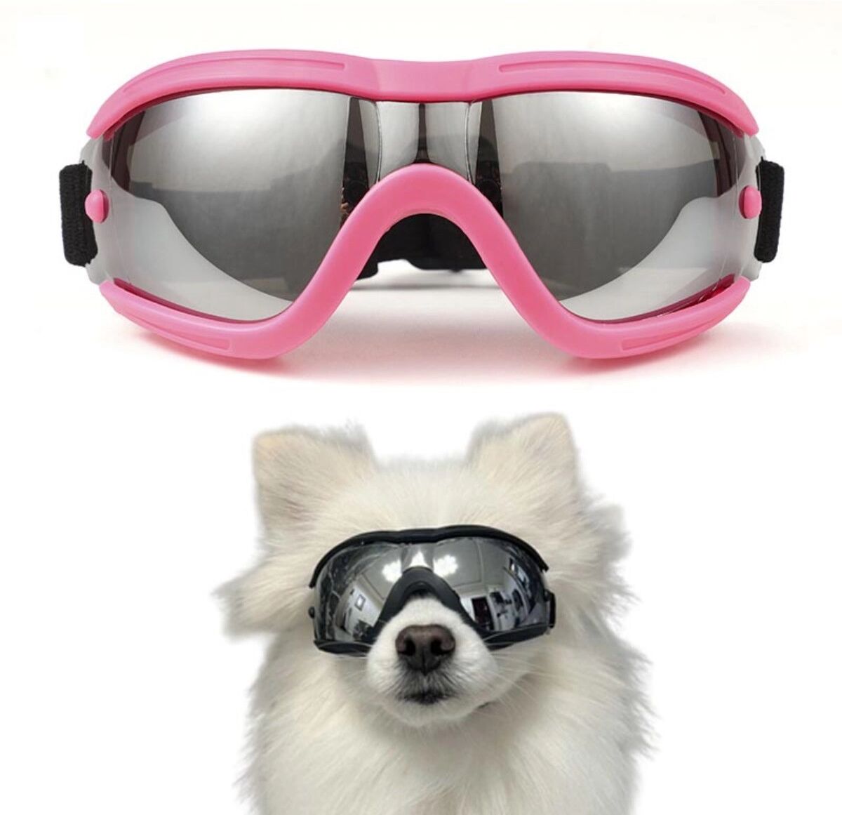 INF Outdoor-UV-Schutzbrille für Hunde mit silberbeschichtetem Spiegelglas, TPU-Rahmen und verstellbarem Gurt, UV400 Rosa