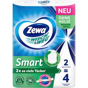 Zewa Küchenrolle Wisch & Weg Smart, ohne Hülse, 2-lagig, 90 Blatt je Rolle, Zellstoff, saugstark & reißfest, 2 Rollen