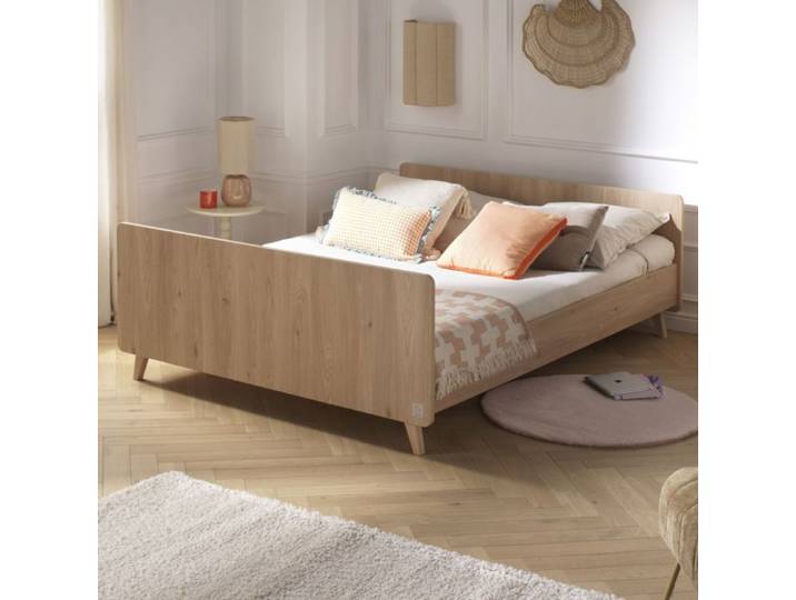 Cadre de lit - ARTY - 140 x 190 cm - Décor chêne suave - Pieds obliques en hêtre brut
