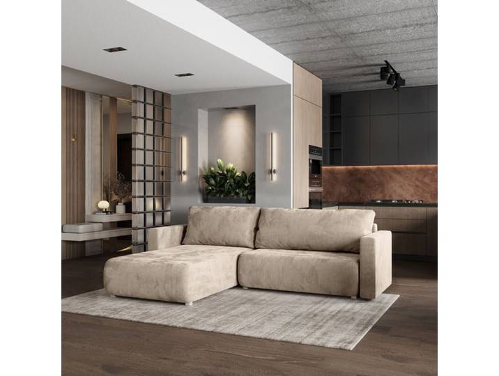 Canapé d'angle TURIN Canape Convertible - Angle - 3 places - 265x183x83 cm - Tissu velours MONOLITH 04 - Beige