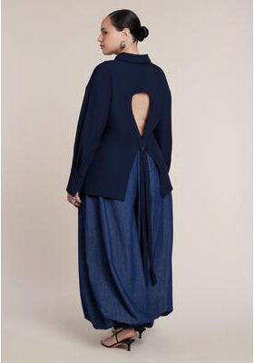 Plus Size Women's Oversized Button Up Top With Cut-Out by ELOQUII in Navy (Size 24)