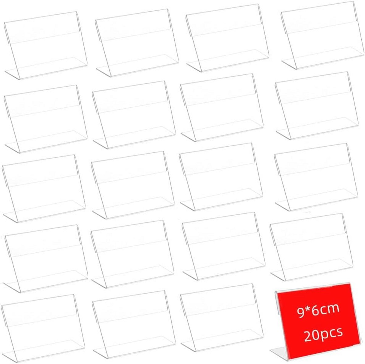 Pack van 20 transparante labelhouders van acryl - Mini bordjes B: 9 cm, H: 6 cm