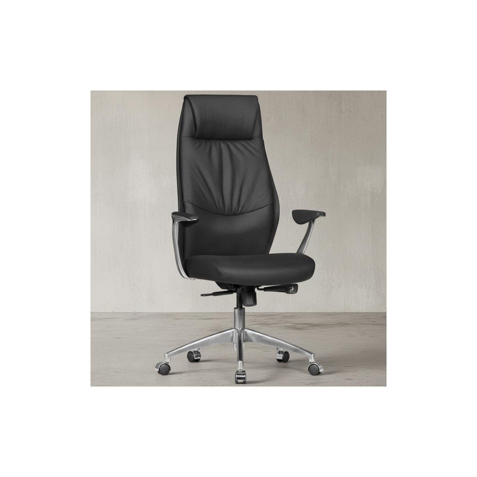Bürostuhl Echtleder mit Synchronmechanik, Kopfstütze und hoher Rückenlehne, Schwarz 67x58x125 cm