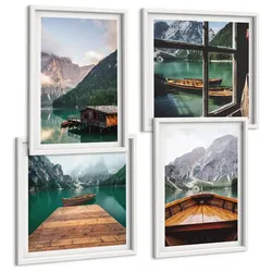 BILDER SET 4er Set - 50x50 cm & 40x60 cm Weißer Rahmen - Berglandschaften, Ferienhäuser, Boote