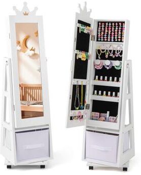 Costway Kids Jewelry Armoire Cabinet with Swivel Base and Lockable Universal Wheels-White