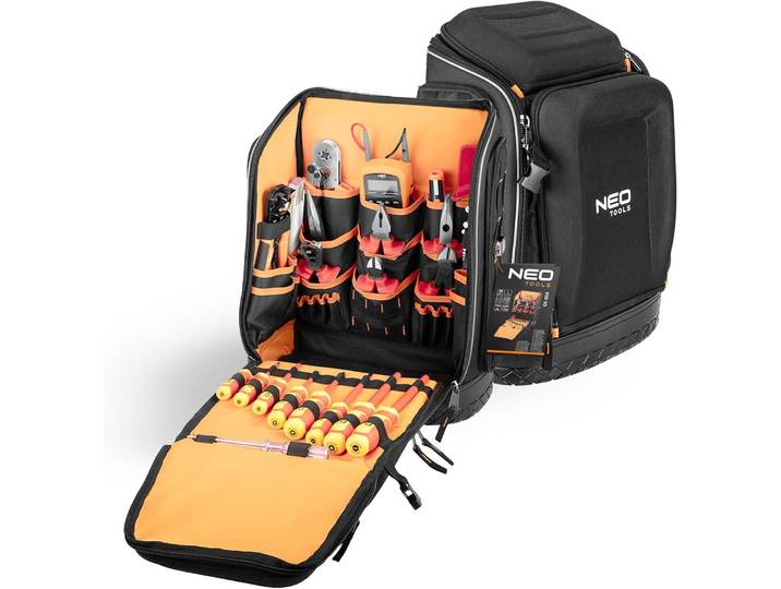 NEO TOOLS Sac à dos pour outils d'électricien 31 pièces - avec outils pour un électricien 26 poches\, kit d'outils d'électricien mobile et durable