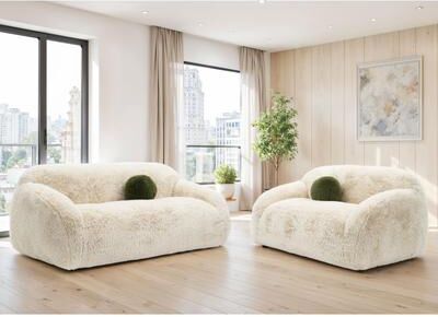 Furniture of America Cynra Modern 2-Piece Faux Fur Sofa Set with Ball Pillows