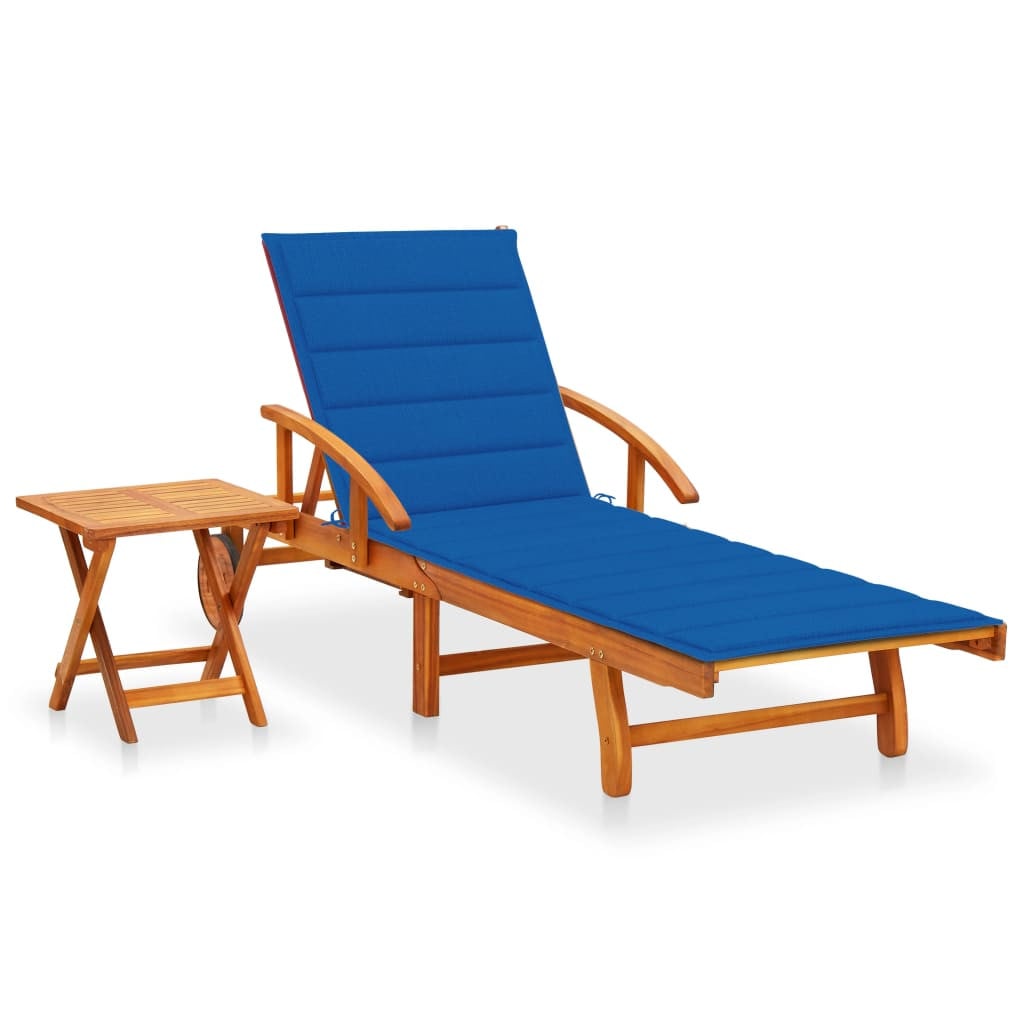 Natur24 Set van acaciahouten ligbed en tafel met koningsblauw kussen