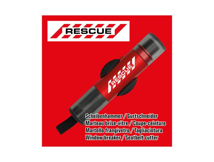 Rescue Scheibenhammer und Gurtschneider mit Fahrzeughalterung rot