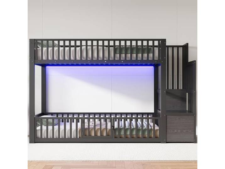 Metallbett Etagenbett 90x200 mit LED-Licht & Leiter & Stauraum, Schwarz Multifunktionales Kinderbett Etagenbett 90x200 mit LED-Beleuchtung, Leiter, Stauraum und Rausfallschutz, Ohne Matratze