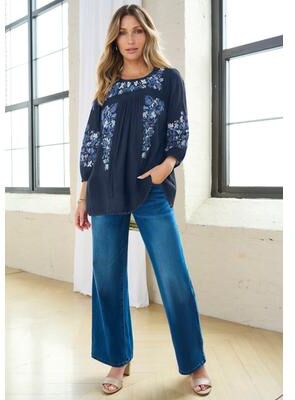 Plus Size Women's Boho Floral Tunic by Roaman's in Navy Boho Floral (Size 38 W)
