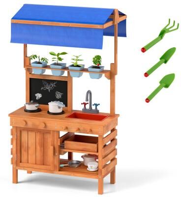 Costway Wooden Pretend Play Kitchen with Height Adjustable Canopy for Kids-Natural
