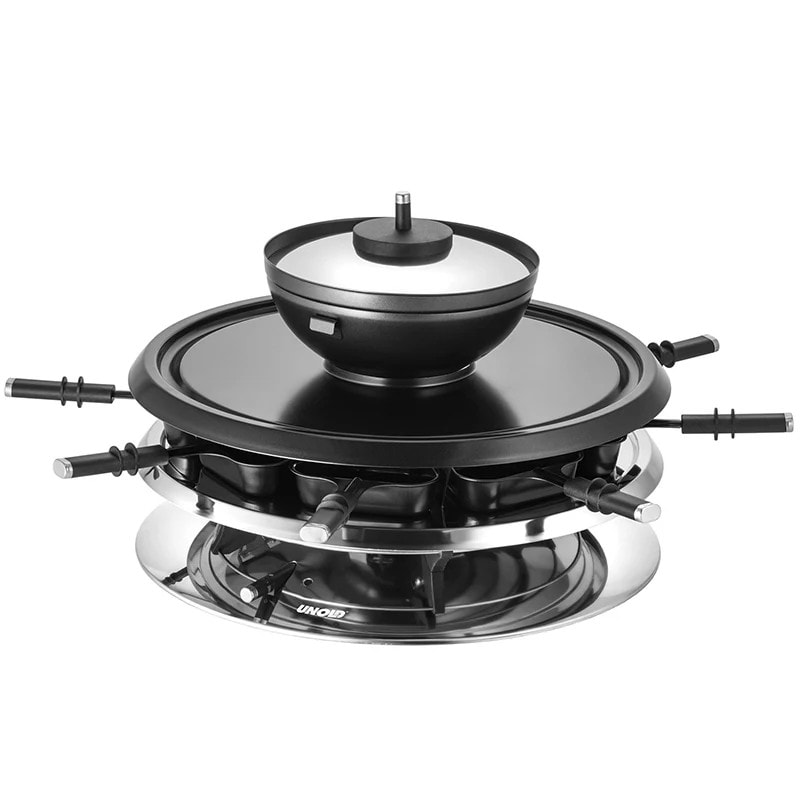 Unold AG Unold 48726 Raclette Multi 4 in 1 Fondue Grill 1.300 Watt schwarz/silber Naturstein
