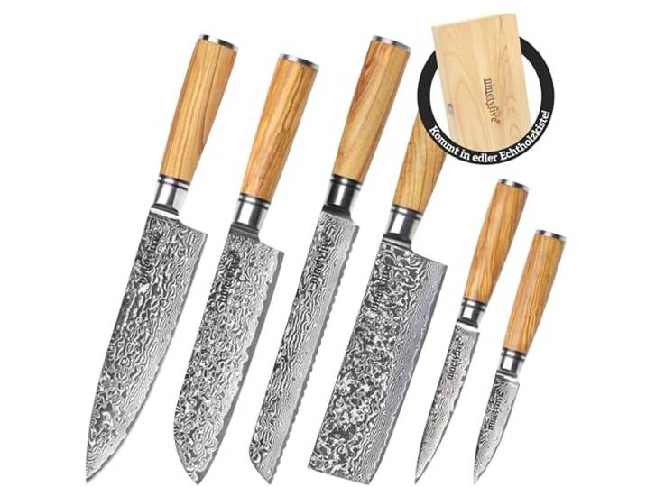 ninetyfive® hochwertiges 6 teiliges Damastmesser Set mit edler Geschenkbox aus Holz extrem scharfe Küchenmesser mit Echtholzgriff Küchenmesser Damast Messerset Messer damast