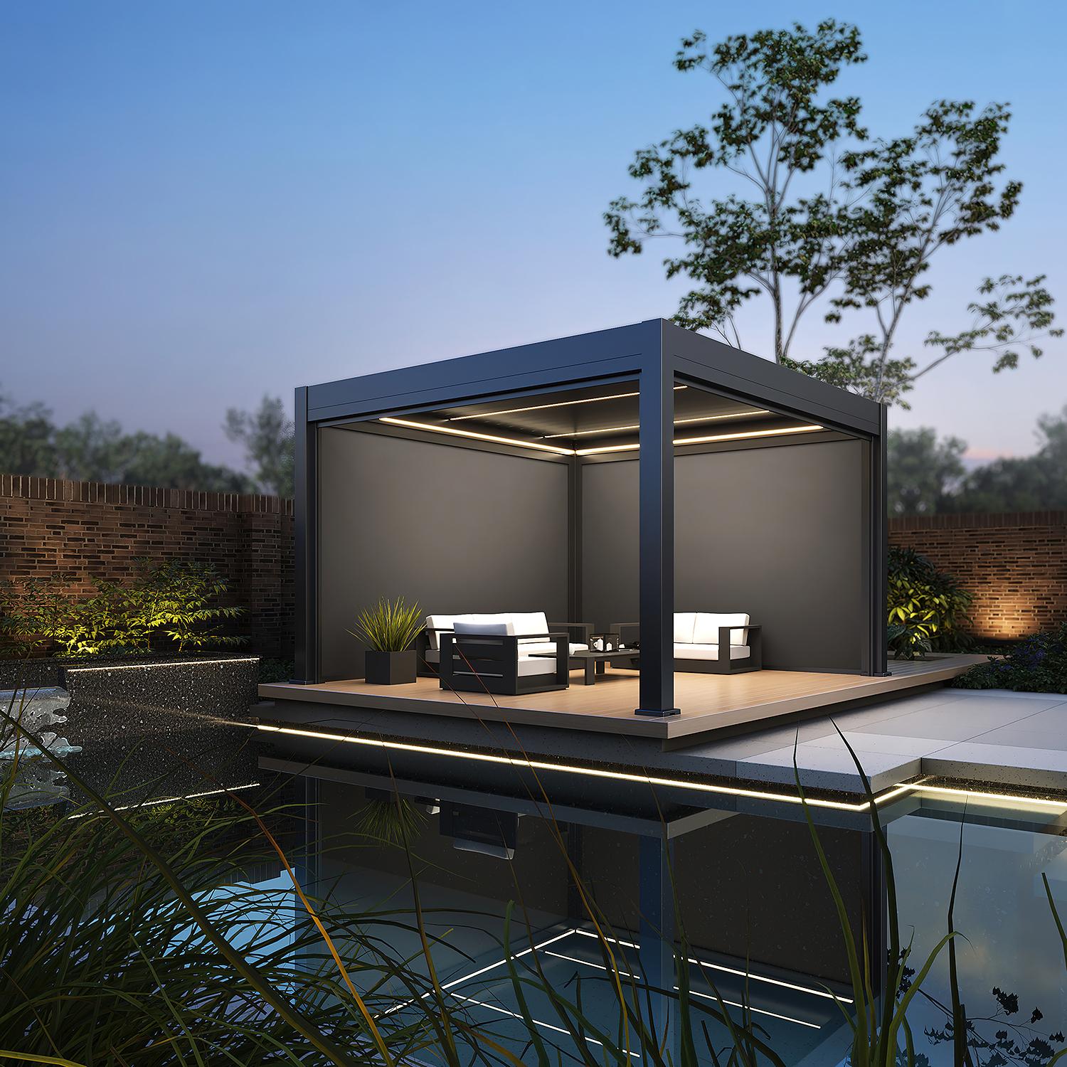 Weide Prestige Pergola Aluminium 3,6x4m mit Lamellendach, LED & 4 Sonnenrollos anthrazit