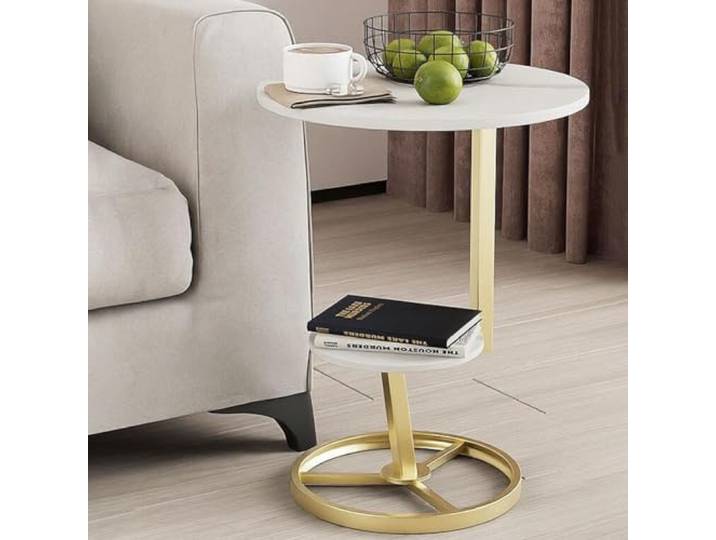 Beistelltisch, Runder Beistelltisch mit 2 Ablagen Schlafzimmer(White,B)