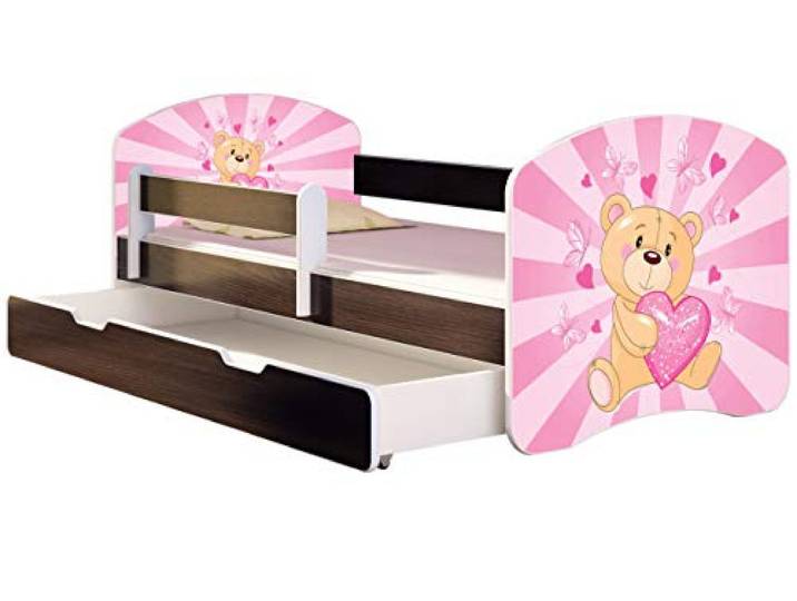 ACMA Kinderbett 160x80 Jugendbett mit Einer Schublade und Matratze, Farbe Wenge, Rausfallschutz Lattenrost II Spielbett Kinderzimmer Möbel, 10 Teddybär