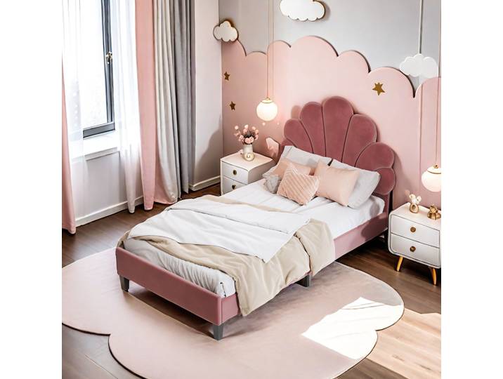 Rosahqnda Lit enfant Lit simple filles Tête de lit réglable en hauteur Tête de lit florale Lit rembourré Enfants Velours