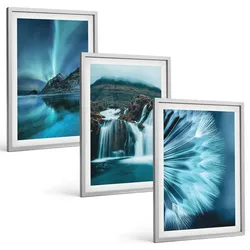 BILDER SET 3er Set - 40x60 cm Silberner Rahmen - Winterlandschaften mit Wasserfällen
