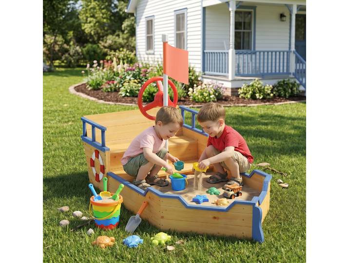 Outsunny Bac Sable Bateau Pirate avec Rangement Enfant