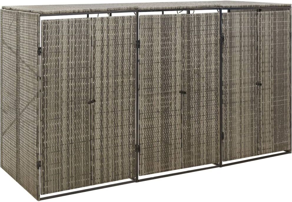 vidaXL Cobertizo 3 contenedores de basura ratán PE gris 207x80x117 cm Gris
