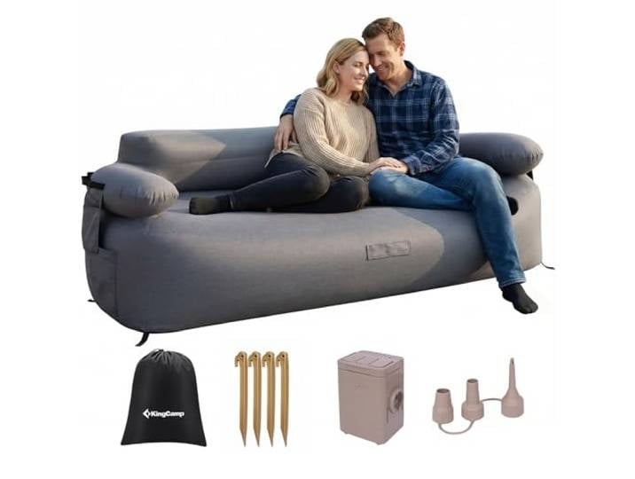 KingCamp Aufblasbares Sofa Camping mit Elektropumpe, bis 400 kg, Grau Luftsofa Outdoor, 4 Heringe & Seitentaschen, 2-in-1 Sofa Bett Aufblasbar, Doppel Camping Couch, für Strand Garten