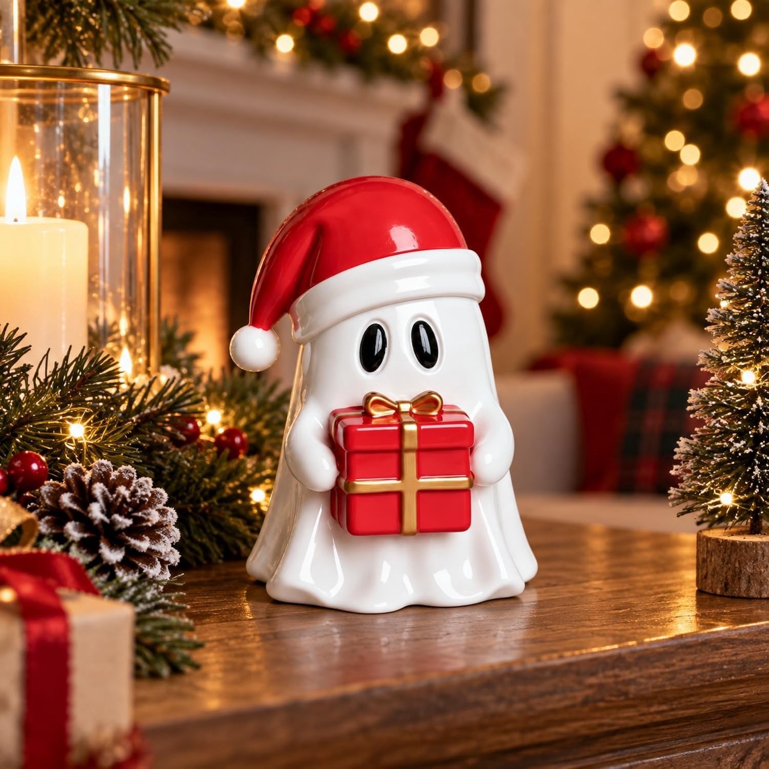 Schattig Kerstbeeldje Ghost met Kersthoed, Klein Hars Decoratie voor Bureau en Tafel