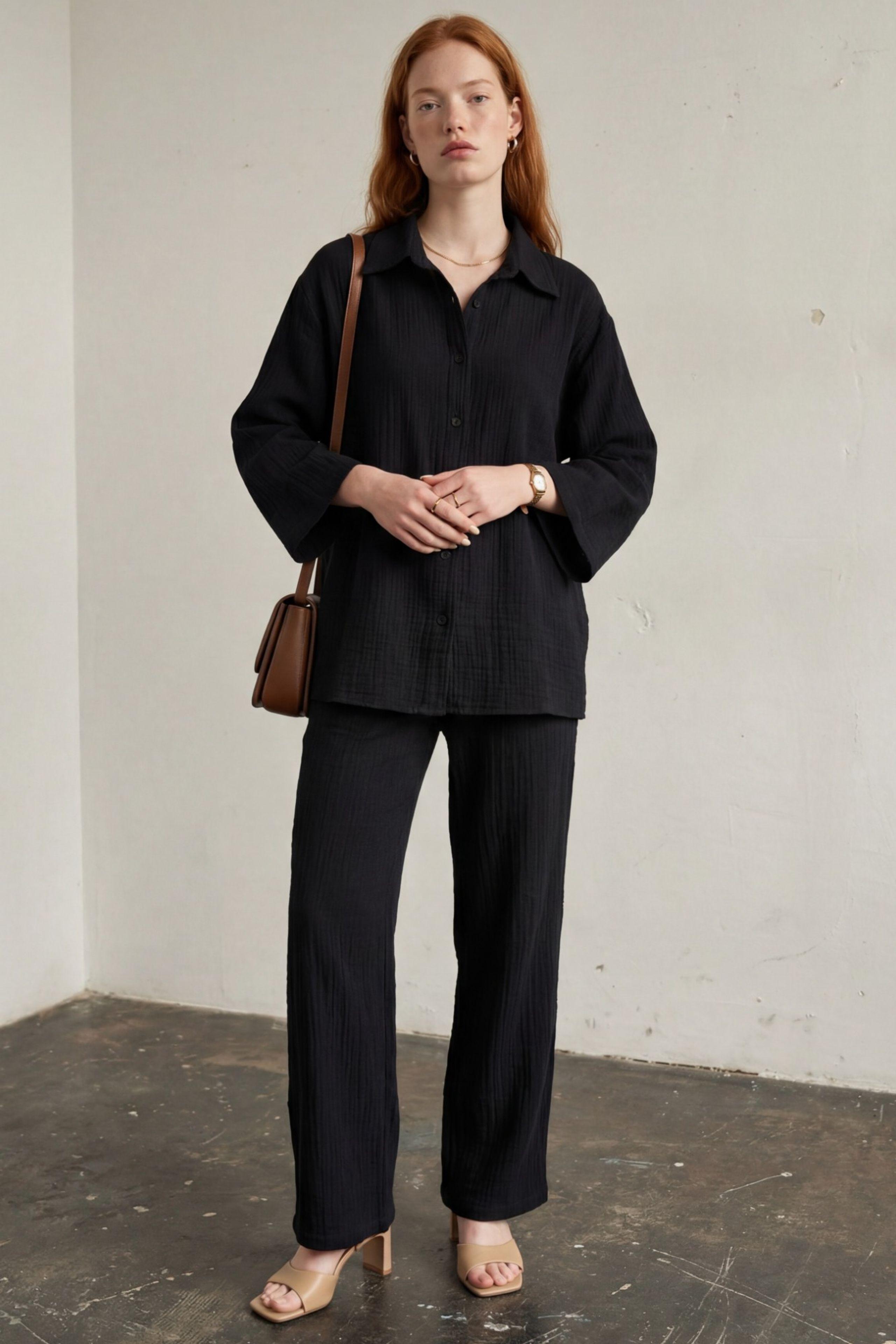 Musselin Stoff Zwei-Teiliges Set mit Shirt und Hose