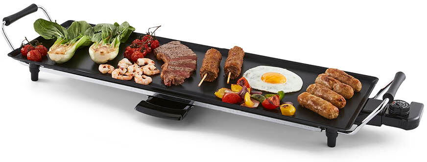 GEEPAS Teppanyaki Grill – Smokeless, Non-Stick, Adjustable Temperature - Easy-To-Clean, Removable Grease Tray, detachable cord – Indoor BBQ, Large Coo Matte Black 23.5cm W