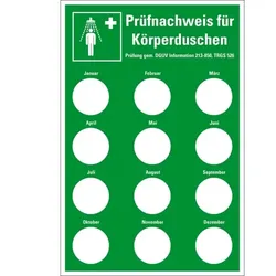 Prüfnachw.f. Körperduschen DGUV Inf. 213-850, Prüfplakette Ø20mm, Kunststoff, 100x150mm, DGUV